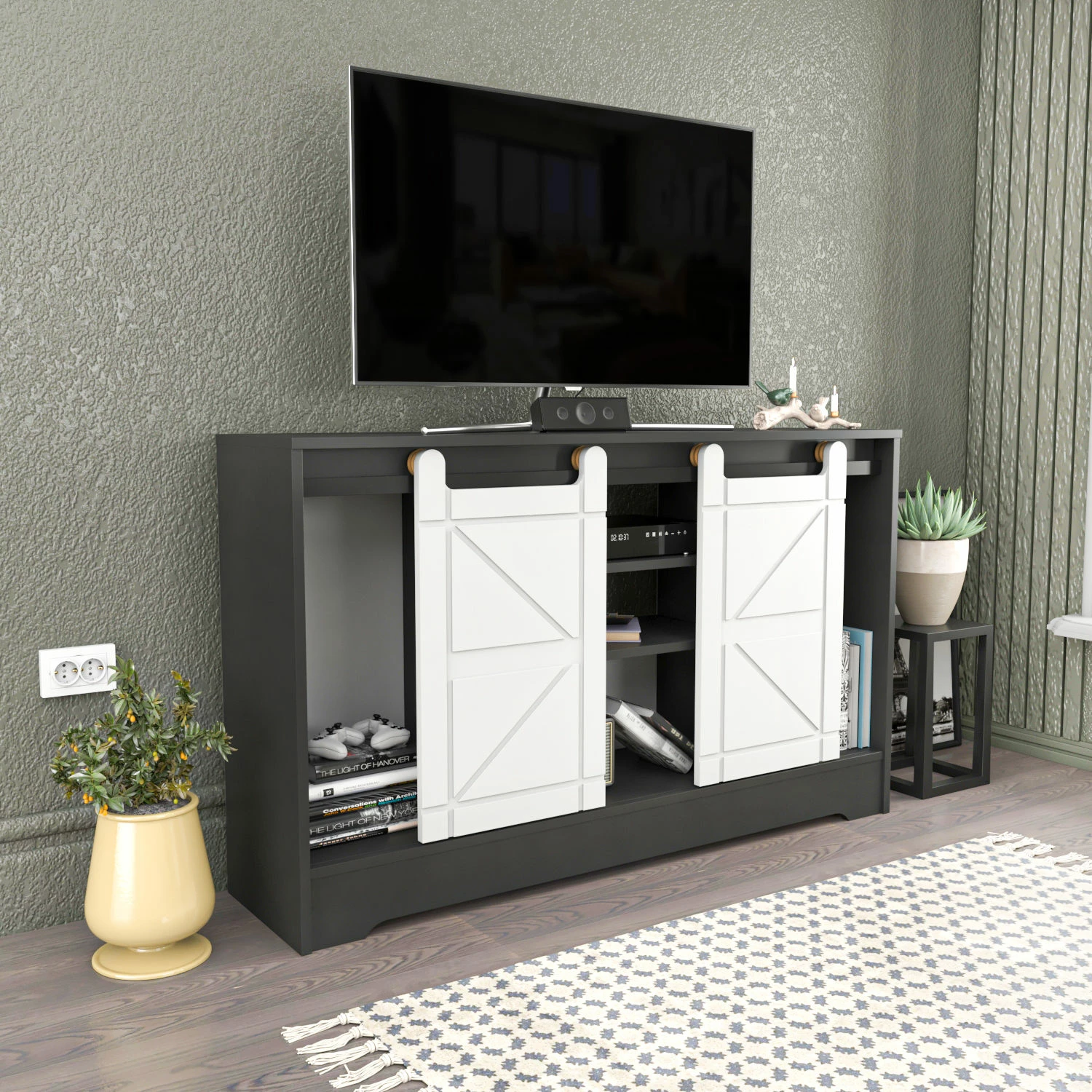Komodë TV Skye Decor, ngjyrë gri, e bardhë