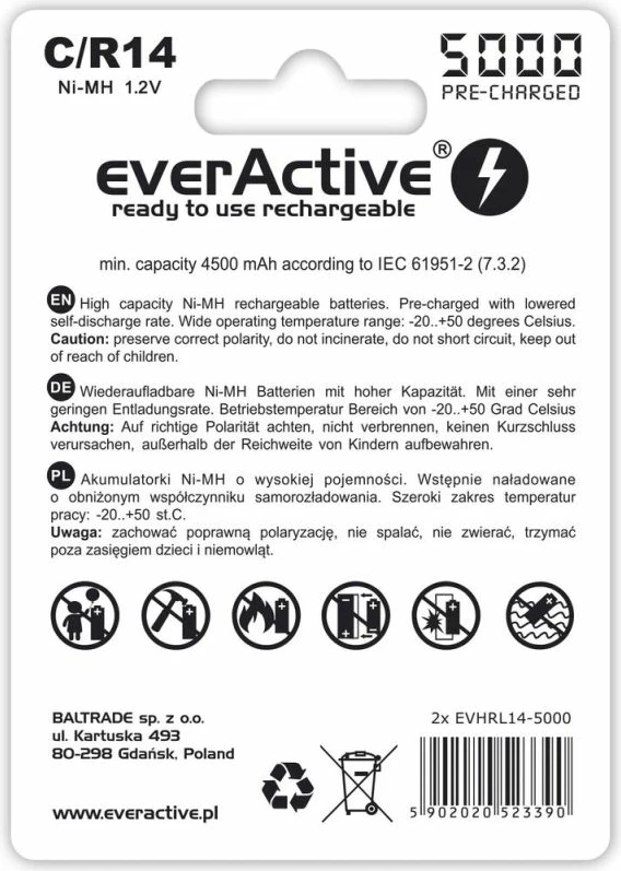 Bateri të rikarikueshme everActive EVHRL14-5000, 5000mAh, 2 copë