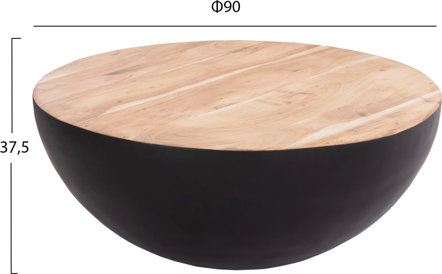 Tavolinë kafeje rrethore, ngjyrë e zezë, FH8717.21, me sipërfaqe druri akacie, Φ90x37.5H cm.