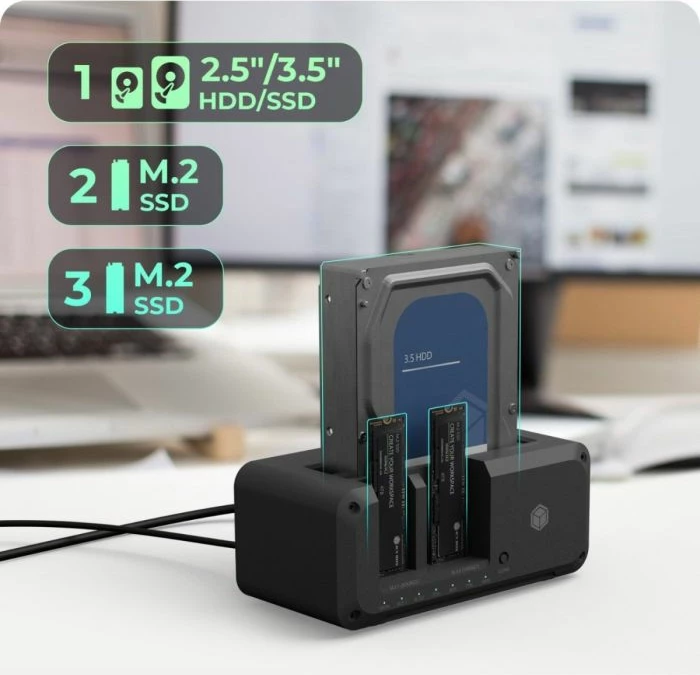 Stacion dockimi dhe klonimi ICYBOX IB-2924MSCL-C31, 3 slota (2× M.2 NVMe + 2.5/3.5" SATA), USB-C/USB-A USB 3.2 Gen2 10 Gbit/s, i zi