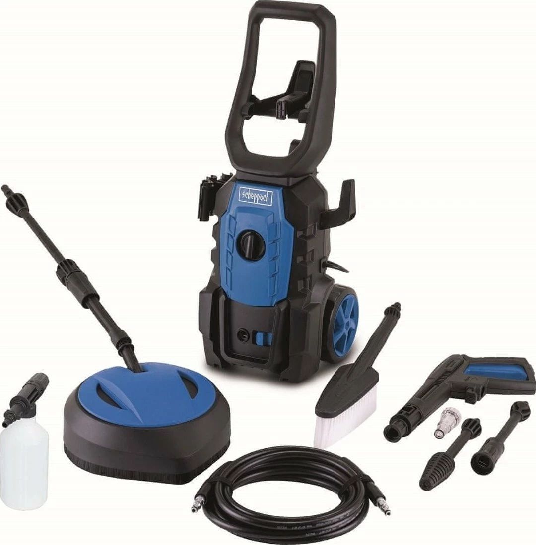 Larëse me presion Scheppach HPC1600-KIT 1600 W 135 bar, 420 l/h, zorrë 5 m, set aksesorësh, blu/zi