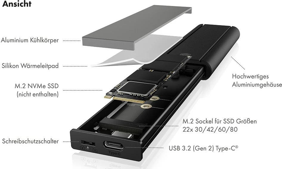 Kasë SSD ICY BOX IB-1807MT-C31, M.2, PCI Express, 10 Gbit/s, USB, e zezë