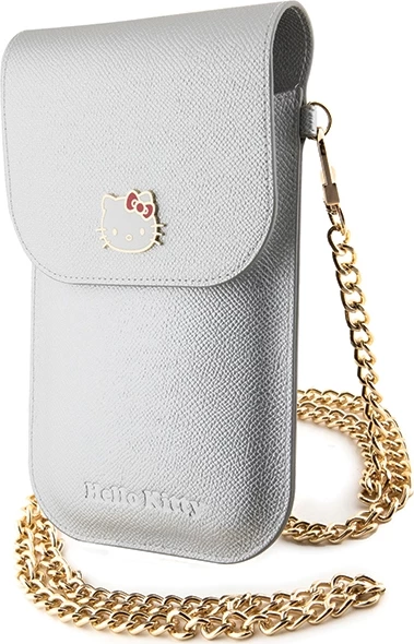Mbështjellës Hello Kitty Leather Metal Logo Chain për celular, lëkurë artificiale, argjend