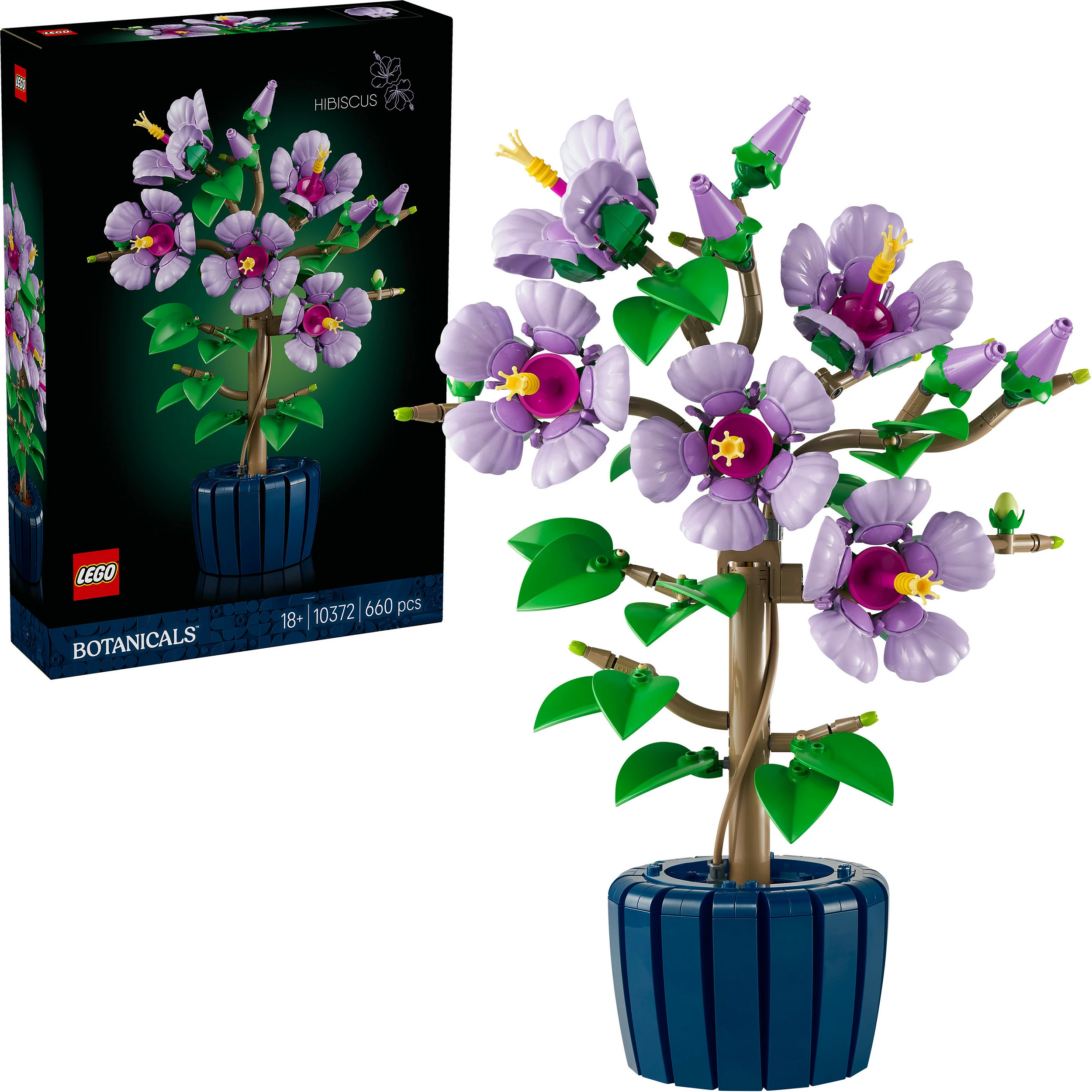 Set LEGO Icons 10372 Hibiskus, Botanicals, 660 copë, lule lejla me vazo blu