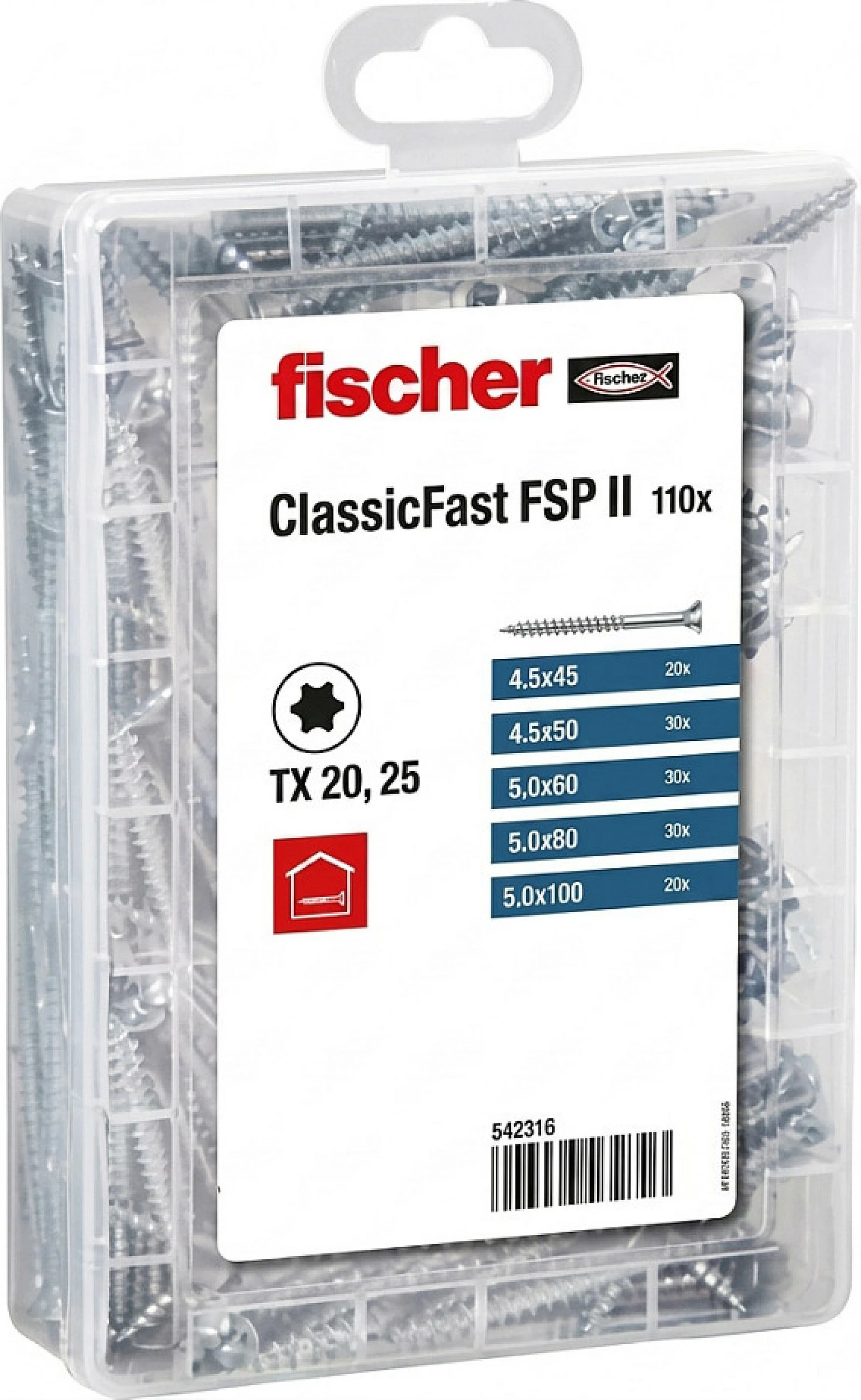Set vida druri Fischer ClassicFast FSP II, TX20/25, 4.5–5.0 mm, 110 copë