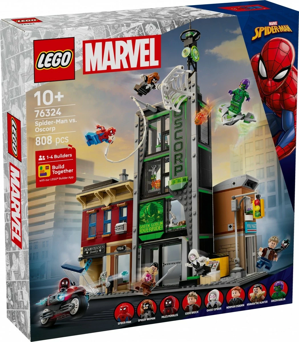 Set LEGO Marvel Spider-Man dhe Oscorp 76324, 808 pjesë, për fëmijë 10+, me 8 minifigura