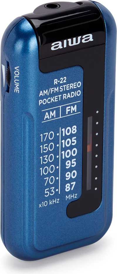 Radio portative xhepi Aiwa R-22BL AM/FM, me kufje, blu, set me bateri AAA