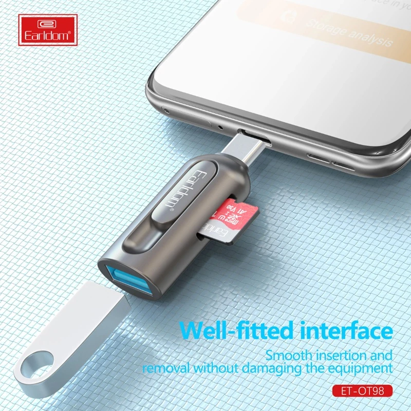 Earldom 2-në-1 Lexues Kartash & OTG Adapter (USB-C), me dizajn modern dhe funksional, për shtëpi, zyrë dhe udhëtime, hiri (gunmetal)