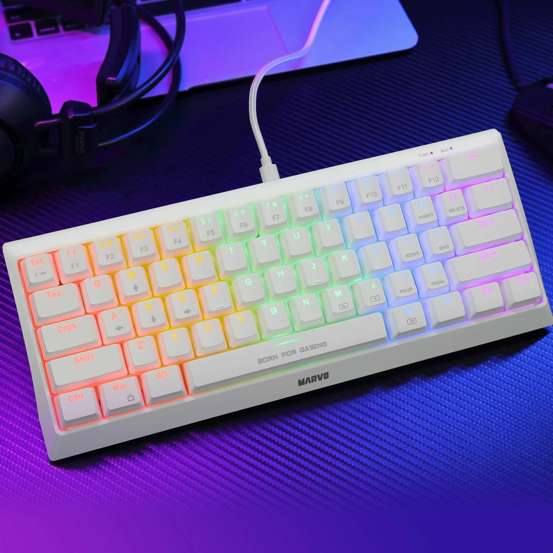 Tastierë mekanike gaming Marvo KG962G Hecate 61R (60%, 61 taste), USB-C, rainbow backlight, e bardhë
