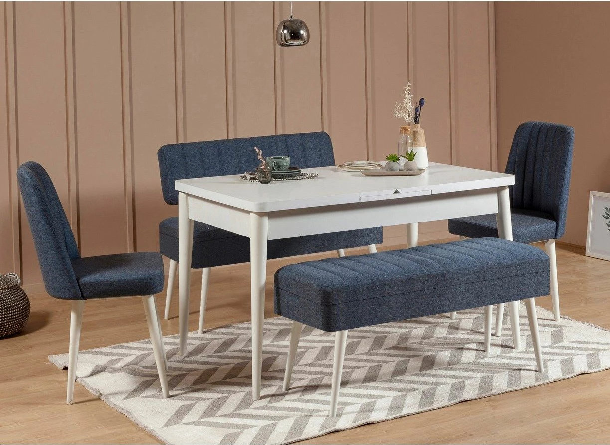 Set tavolinë me karrige për ngrënie, zgjatës, 5 pjesë, Skye Decor, Vina 1048-4, e bardhë, kaltër e errët