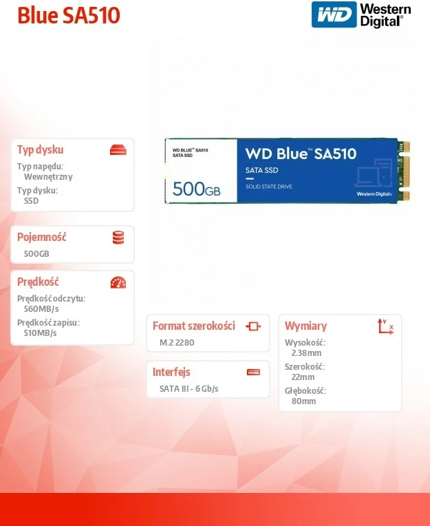 SSD Western Digital Blue SA510, 500GB, M.2 2280, SATA III