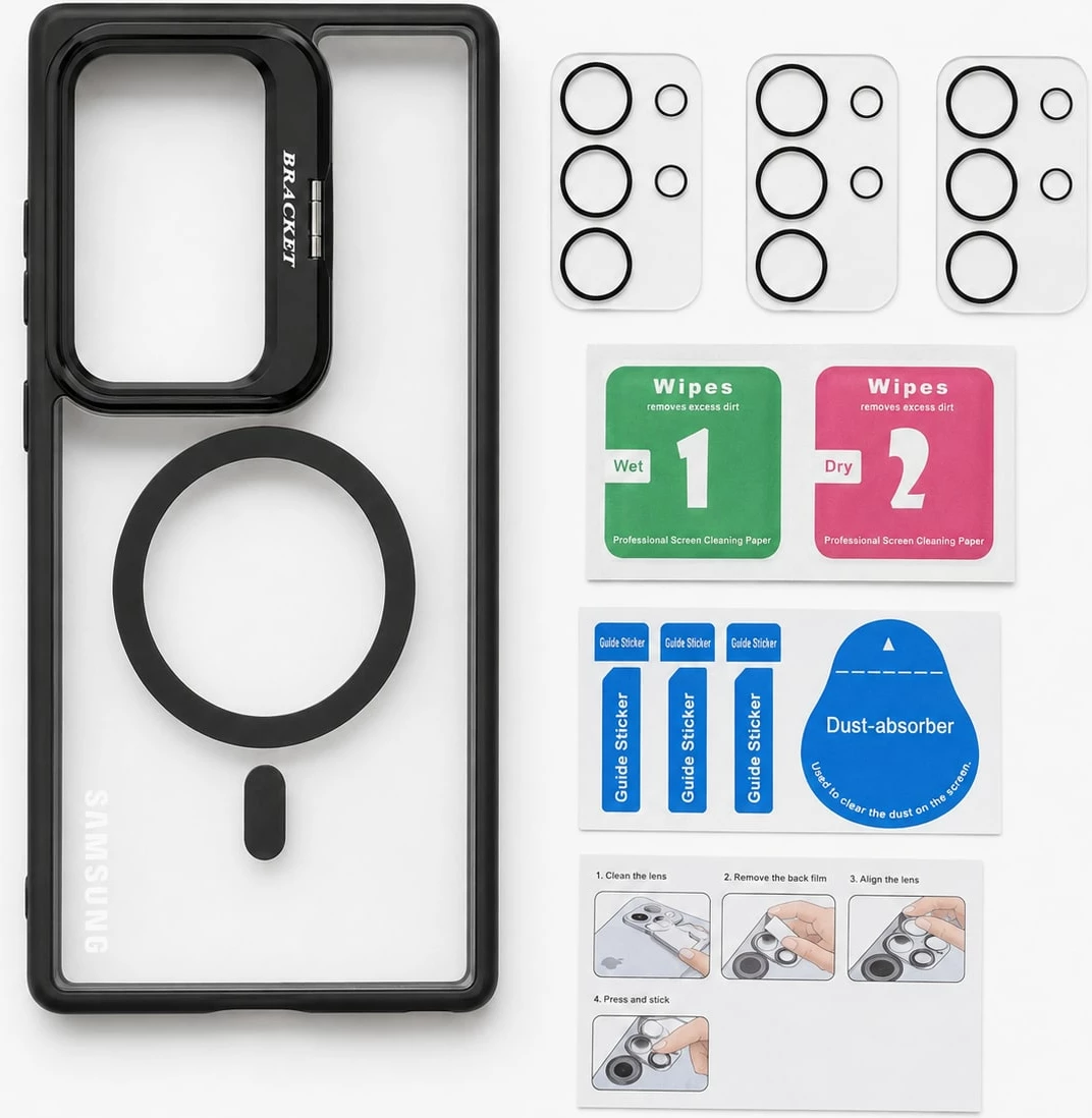 Mbrojtëse Magnetike për Samsung Galaxy S24 Ultra me mbrojtje kamerash dhe Bracket - Transparent/Black për mbështetje - e zezë