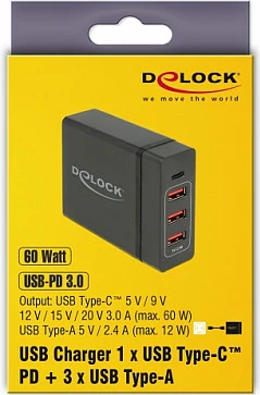 Karikues muri DeLOCK 63974, USB-C PD 60W + 3x USB-A, kabllo 1.2 m, i zi