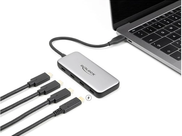 Hub USB-C DeLOCK, 4x USB-C, 10 Gbps, PD 85W, kabllo 15cm, zi/gri