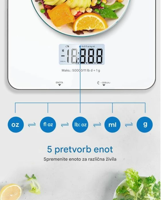Peshore ushqimore smart RENPHO Calibra, Bluetooth BLE, max 5 kg, 1 g, 3x AAA, argjendtë