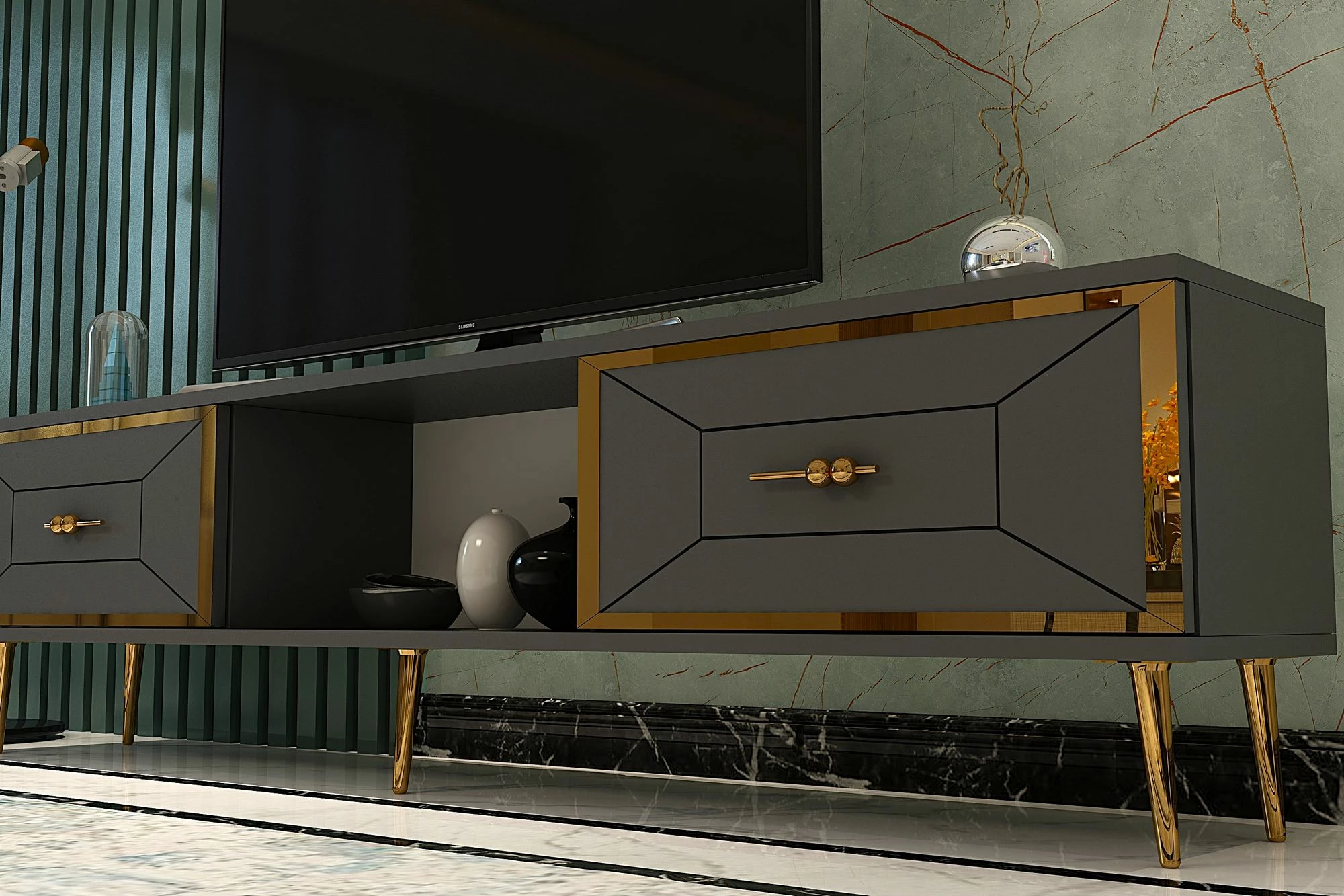 Komodë TV Skye Decor, ngjyrë antracit, ar, 150x40.6x29.6cm