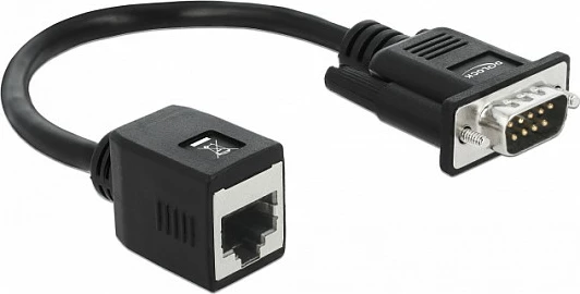 Adapter serial DeLOCK RS-232/422/485, DB9 mashkull në RJ45 femër, 0.2 m, i zi