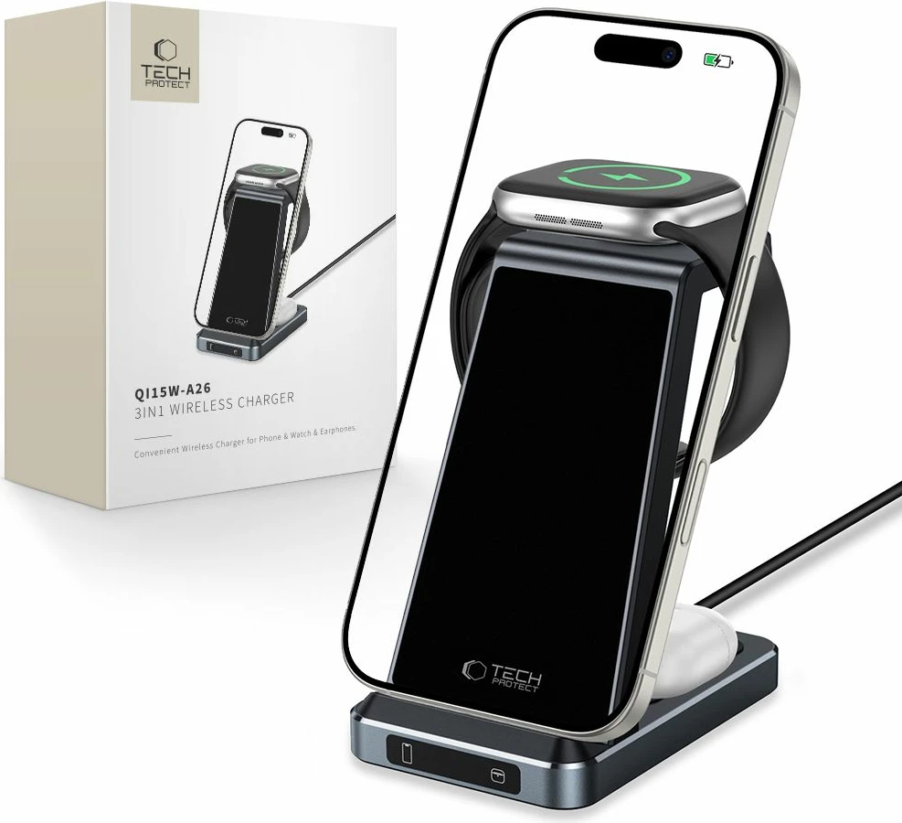 Karikues wireless 3-në-1 Tech-Protect QI15W-A26, 15W, për celular, smartwatch dhe kufje, i zi