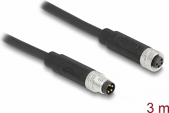 Kabllo industriale DeLOCK M8 A-coded 4-pin, mashkull/femër, 3 m, e zezë