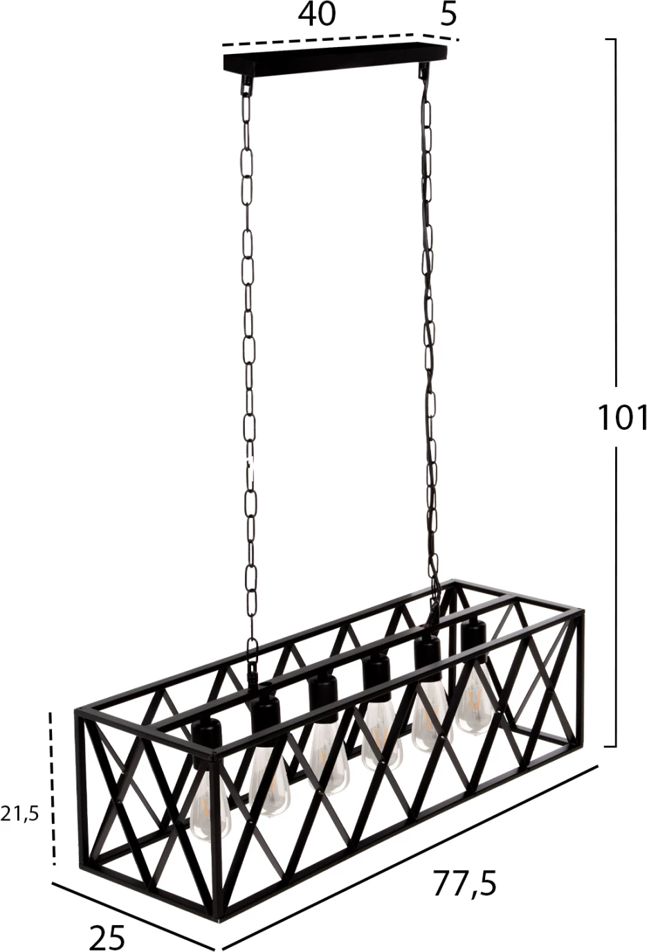 Llambë varëse tavani, kornizë metali e zezë, FH4128, 6 drita, 77.5x25x101 cm