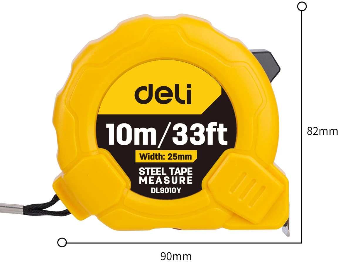 Metër çeliku Deli Tools EDL9010Y, 10m/25mm, verdhë