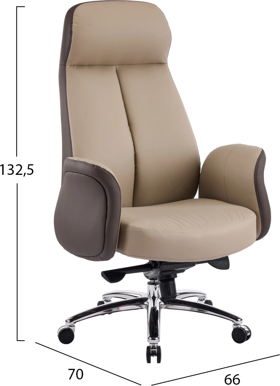 Karrige zyre ekzekutive DRAMON FH18356.02, lëkurë PU bezhë-kafe, bazë kromi, 66x70x132.5cm
