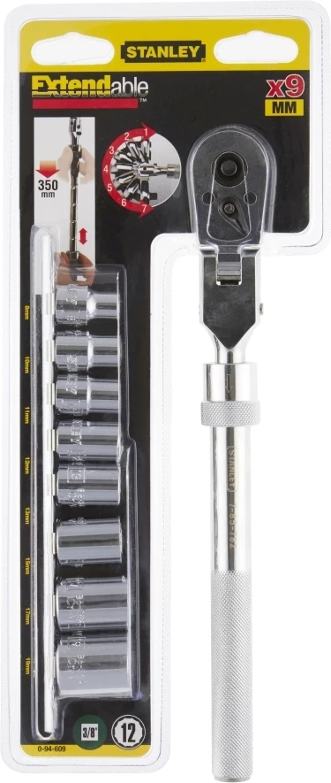Set çelës me ratchet 3/8\" Stanley 0-94-609, 9 copë, 8-19 mm