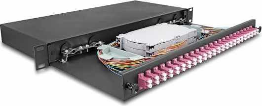 Kuti splice fibra optike DeLOCK 67011, 19 inç, 24x LC Duplex, 48 pigtail, 1U, e zezë