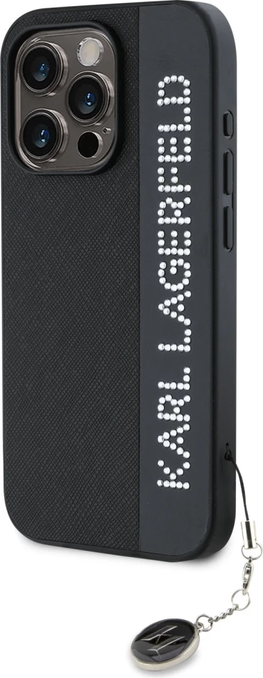 Mbështjellës Karl Lagerfeld Saffiano Rhinestones & Charm për iPhone 15 Pro, i zi