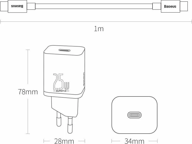 Karikues rrjeti Baseus Super Si TZCCSUP-L01 25W USB-C PD me kabllo USB-C në USB-C 1m, i zi