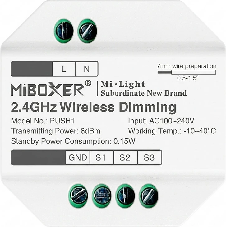 Kontroller dimmeri LED Miboxer MiLight PUSH1, 2.4GHz wireless, AC 100-240V, i bardhë