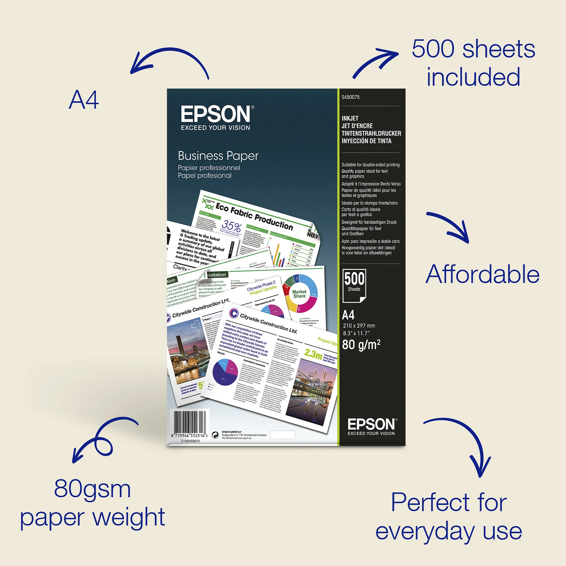 Letër printimi Epson C13S450075, A4 (210×297 mm), 500 fletë, 80 g/m²