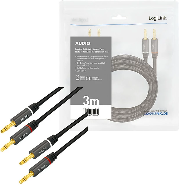 Kabllo audio LogiLink, 2x2 banana plug, 3 m, metal, e zezë