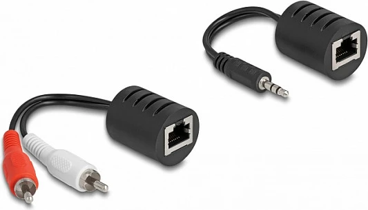 Adapter zgjatues audio stereo DeLOCK, RJ45 në 3.5mm + RJ45 në 2xRCA, Cat5 deri 50 m, set 2 copë, zi/kuqe/bardhë