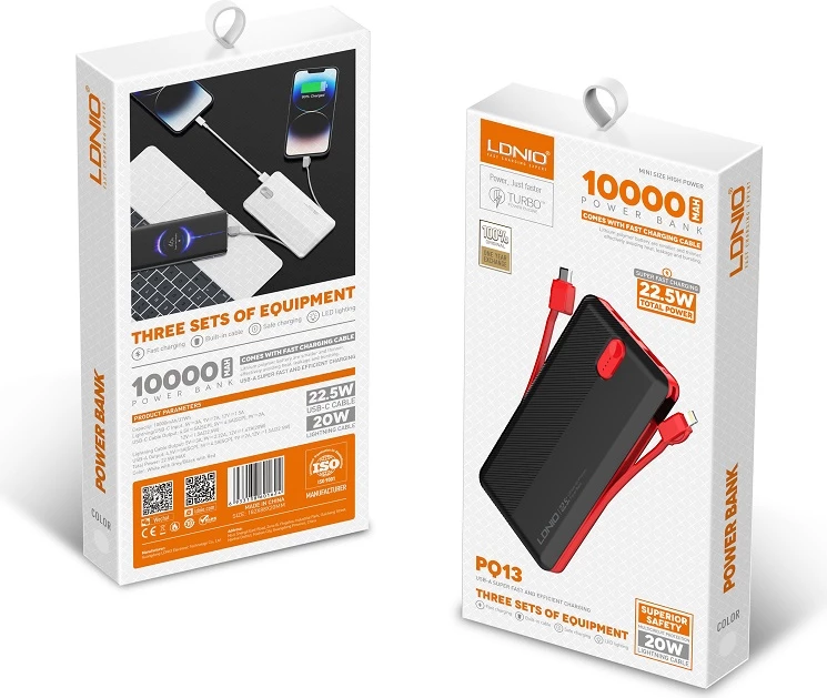 Power bank LDNIO PQ13 10000mAh 22.5W me kabllo të integruara USB-C + Lightning (1C1L) dhe 1x USB-A, e bardhë