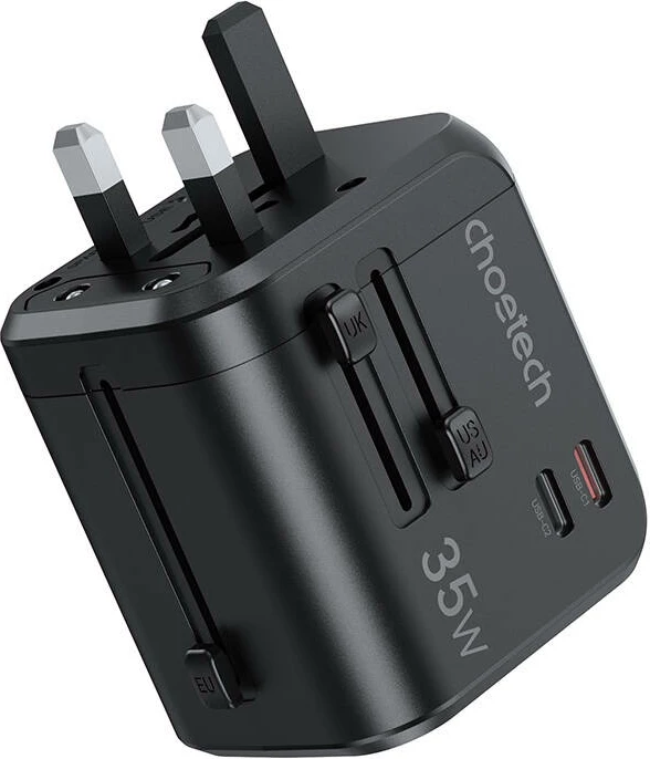 Karikues udhëtimi Choetech PD5008, 35W, 3xUSB-A, 2xUSB-C, GaN, US/EU/UK/AU, zi