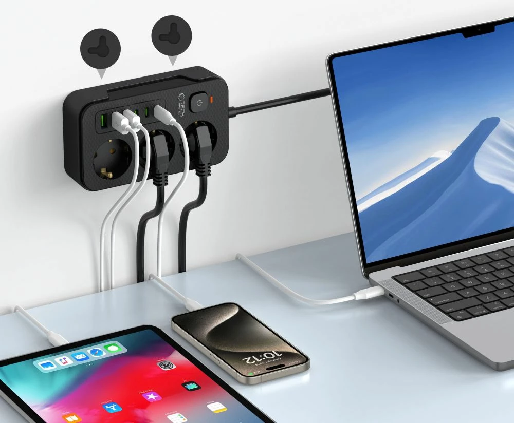 Prizë shumëfunksionale Tech-Protect PC3X6 me 3 shtekerë, 3xUSB-A, 3xUSB-C, 200cm, e zezë