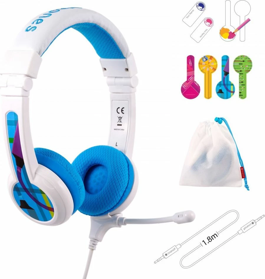 Kufje me mikrofon BuddyPhones School+ BP-SCHOOLP-BLUE, 3.5mm, limit 85dB, për fëmijë 3+, blu, me BuddyJack dhe çantë