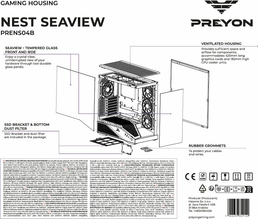 Kasë PREYON Nest Seaview Midi Tower ATX/Micro-ATX/Mini-ITX, xham i temperuar, 4 ventilatorë ARGB, USB-C, e zezë