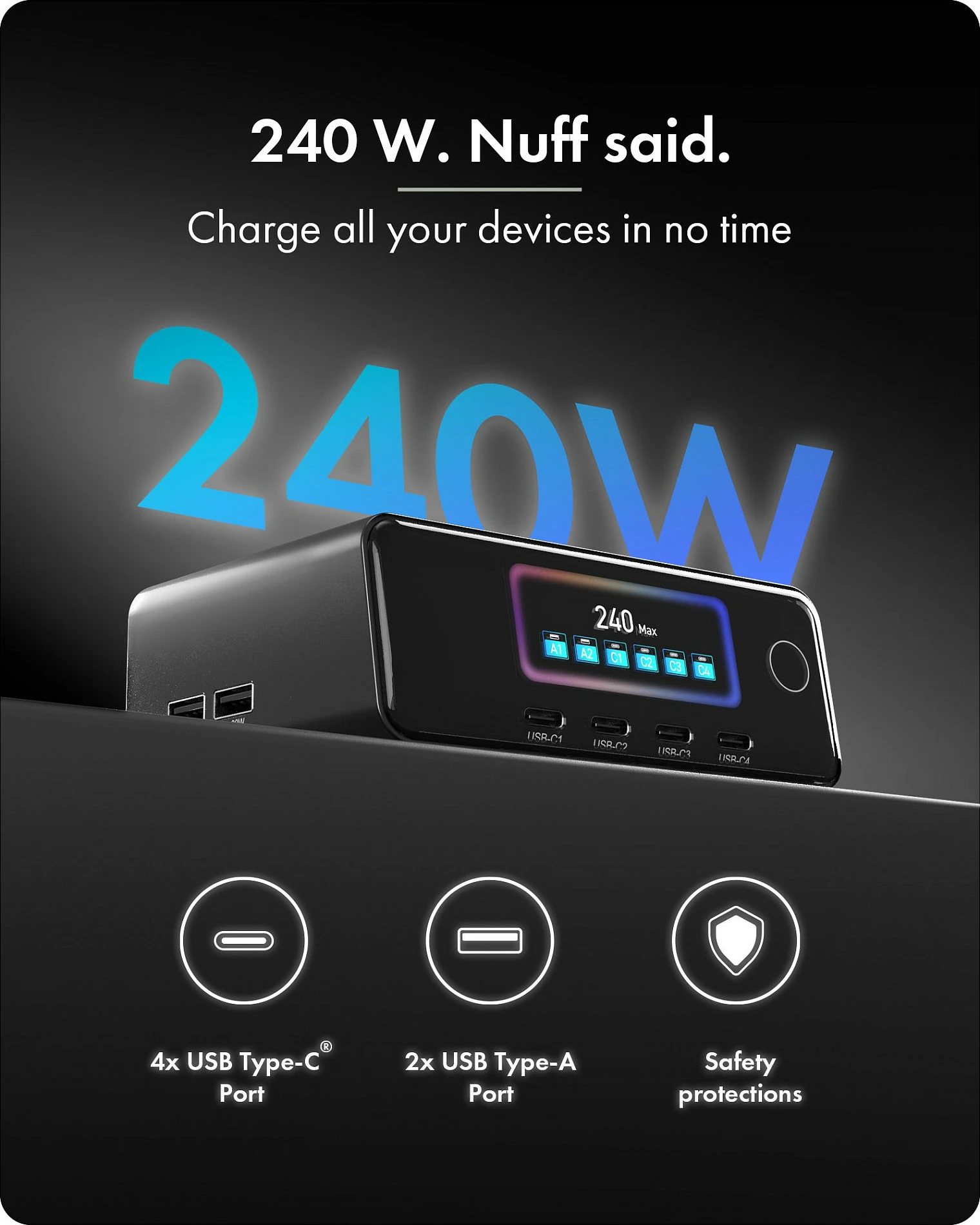 Karikues USB ICY BOX, 240W, ekran LCD, 4x USB-C, 2x USB-A, i zi
