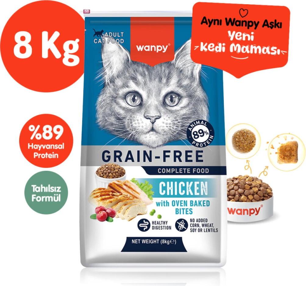 Wanpy Mëngjesi i Pjekur pa Grurë për Macet e Rritura me Pulë 8kg