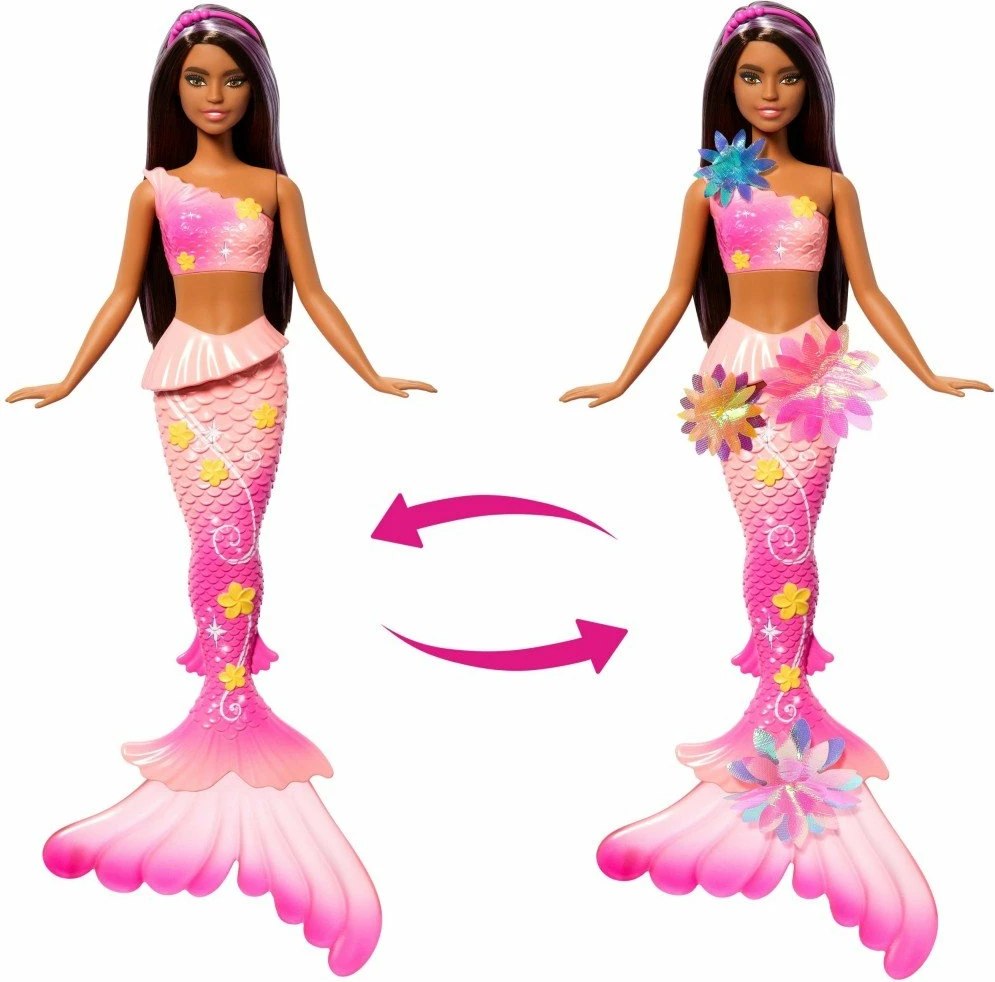 Kukull Mattel Barbie Flower Magic Mermaid JDM73, transformim lulesh, e papërshkueshme nga uji, 1 copë, flokë kafe