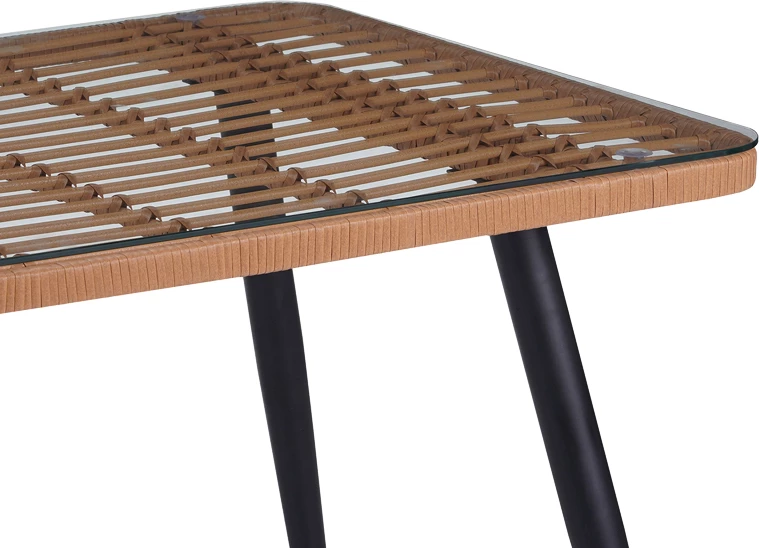 Tavolinë prej xhami PE rattan, ngjyrë druri natyrale, këmbë të zeza, 140x80x78cm