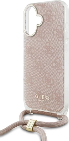 Mbështjellës Guess Crossbody Cord 4G Print për iPhone 16, Rozë