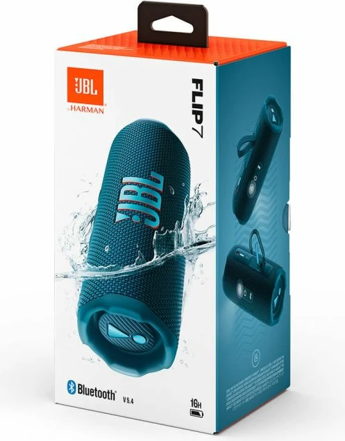 Altoparlant portativ Bluetooth JBL Flip 7, 16 orë, IP68, Blu, me rrip dore + karabiner