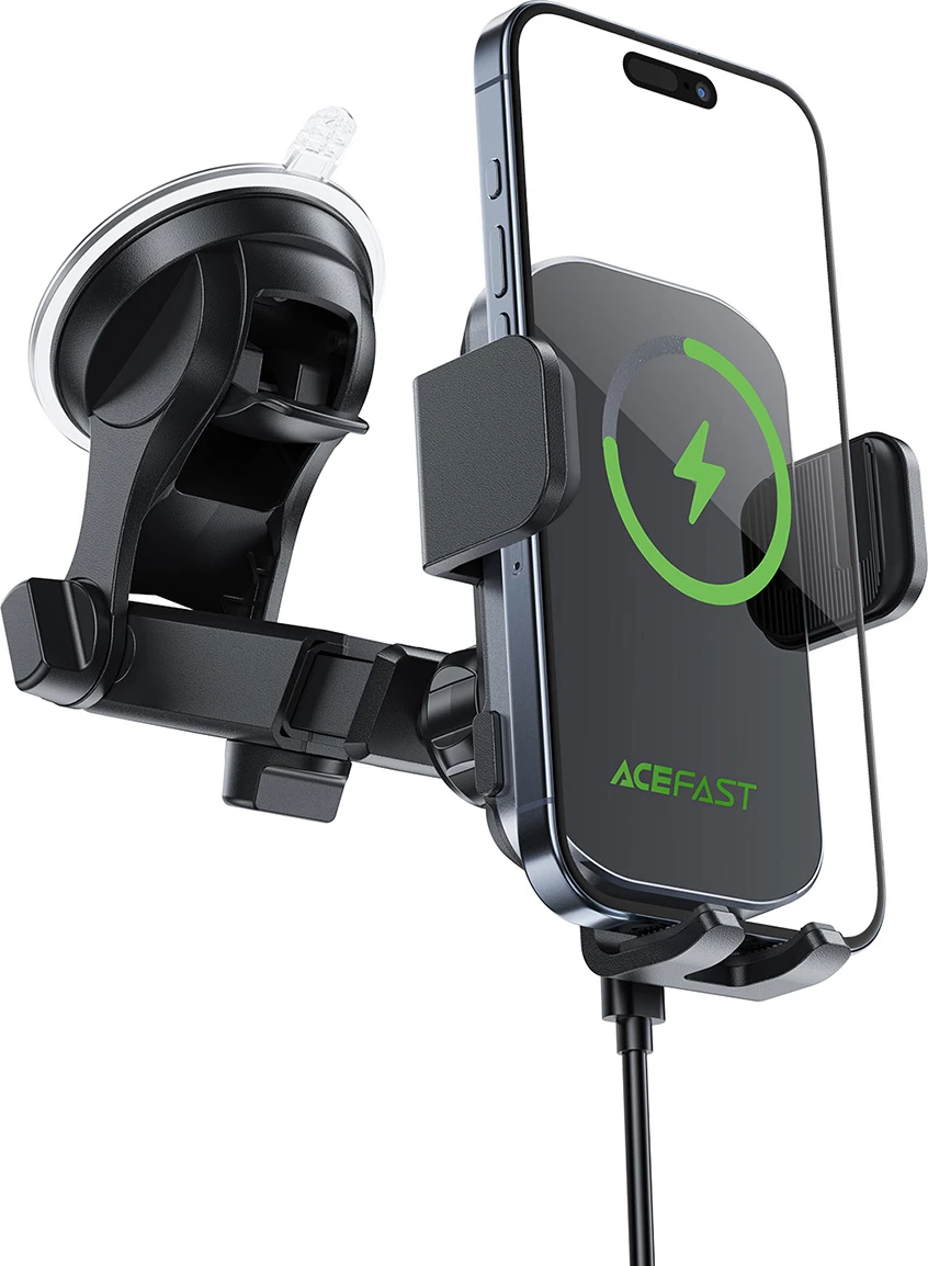 Mbajtës celulari për veturë Acefast D53, karikim pa kabllo Qi 15W, kapëse automatike, për dashboard/xham, i zi