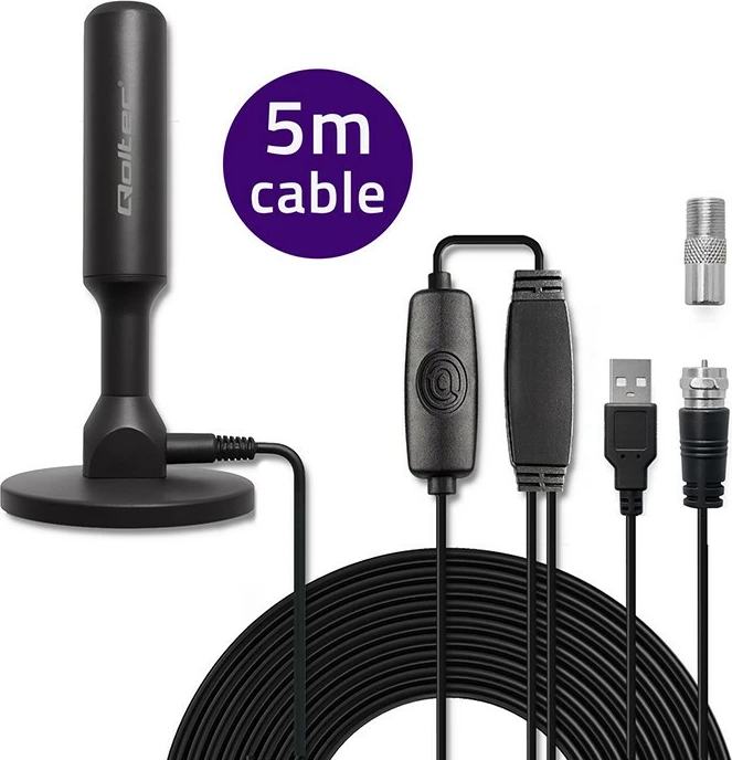 Antenë TV DVB-T2 e brendshme, Qoltec 57052, përforcues sinjali, fitim 28 dBi, VHF/UHF, 4K, kabllo 5 m, F-Male/USB, e zezë