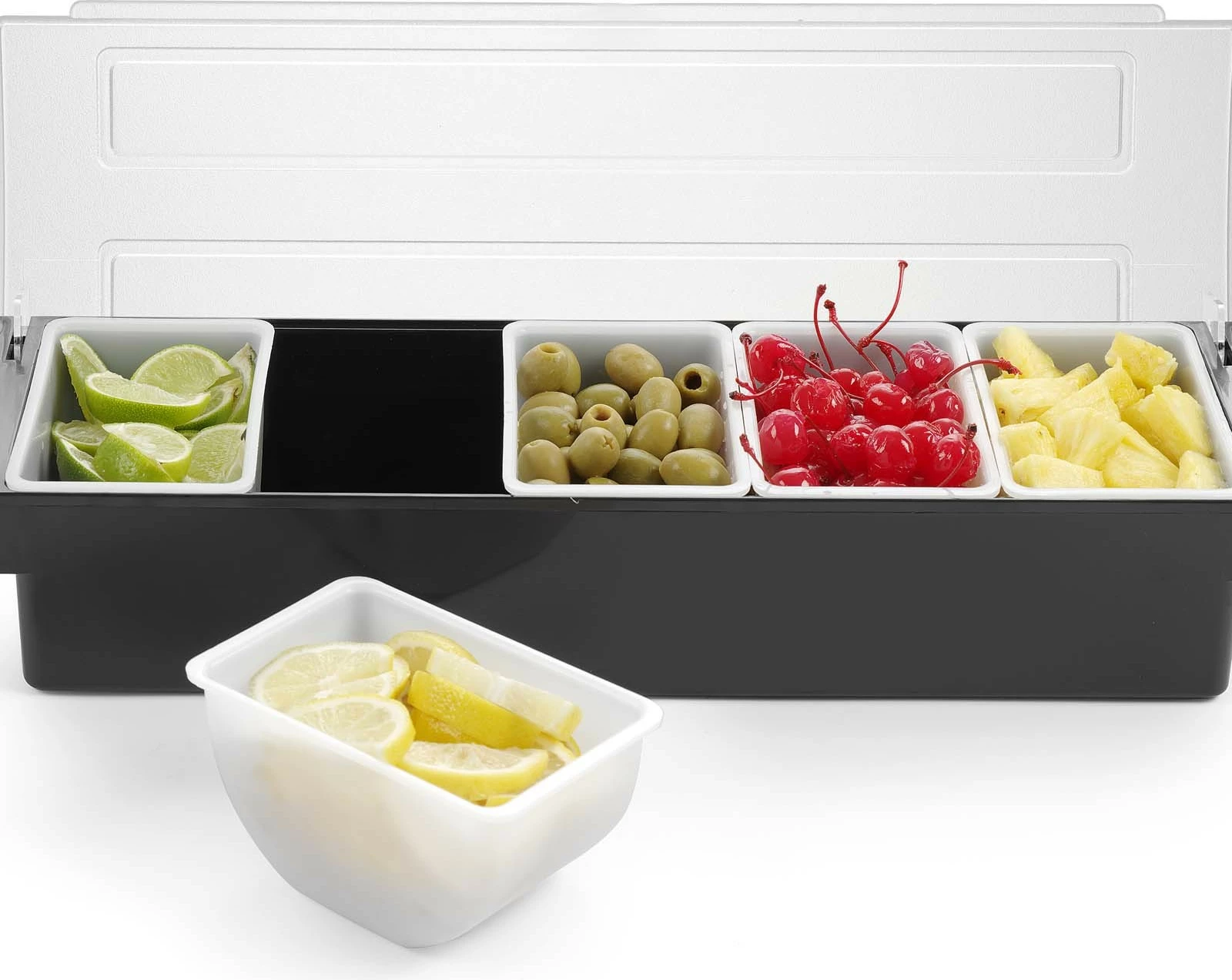 Mbajtës garniturash bar, Bar Up, 5 ndarje, 495 x 160 x 100 mm, me kapak, gri/transparente