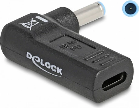 Adapter karikimi laptopi DeLOCK USB-C femër në HP 4.5×3.0mm mashkull, 90°, 3A, i zi