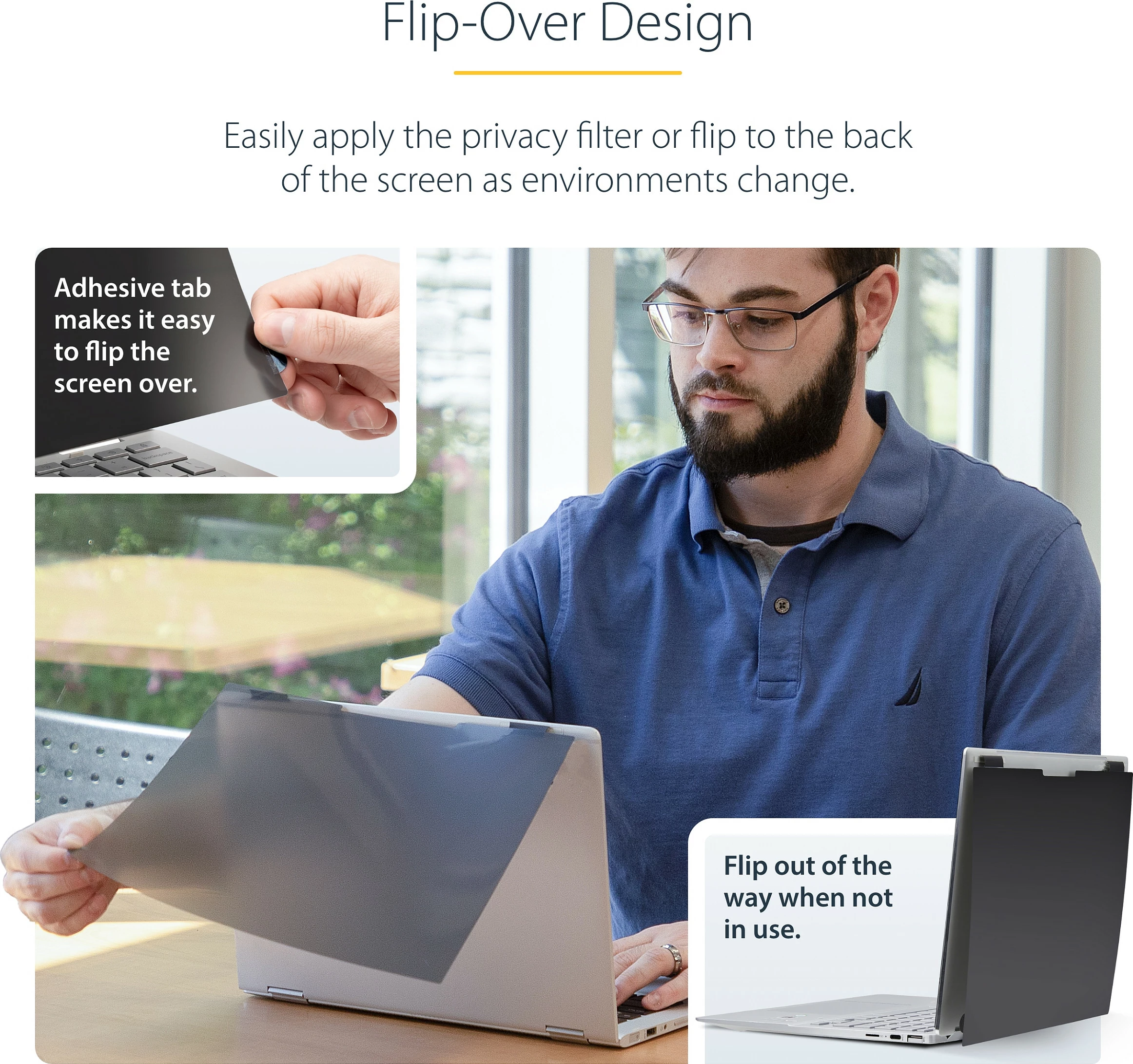 Filtër privatësie për ekran laptopi StarTech 14" 16:9, flip-over, touch, anti-glare, 51% blue light, i zi